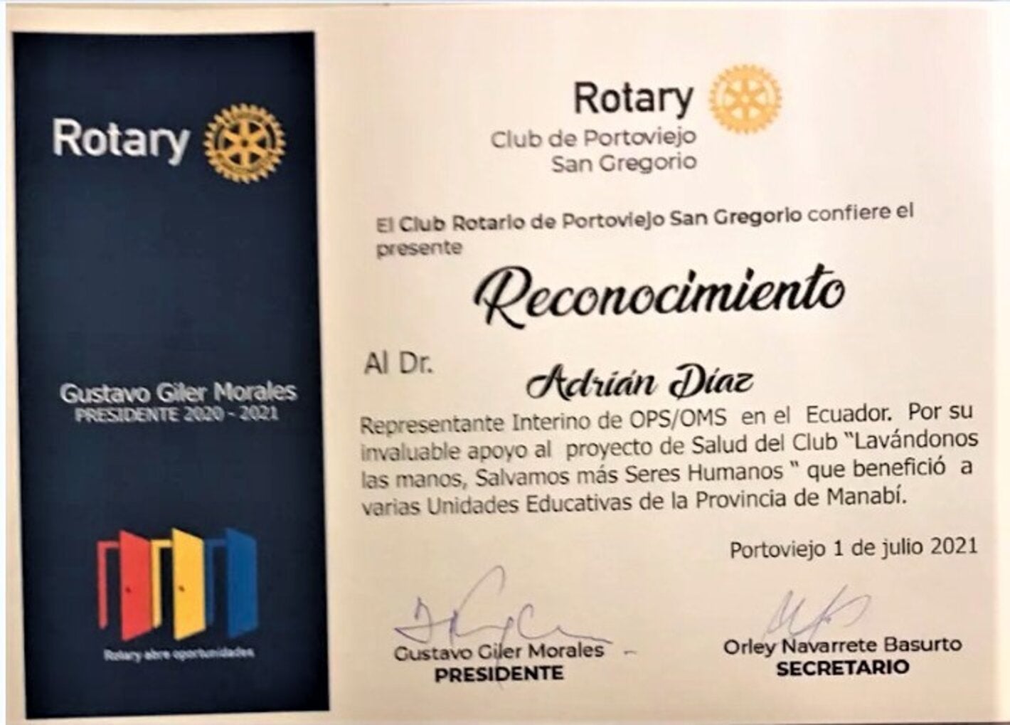 Club Rotario de Portoviejo reconoce apoyo de OPS/OMS en Ecuador