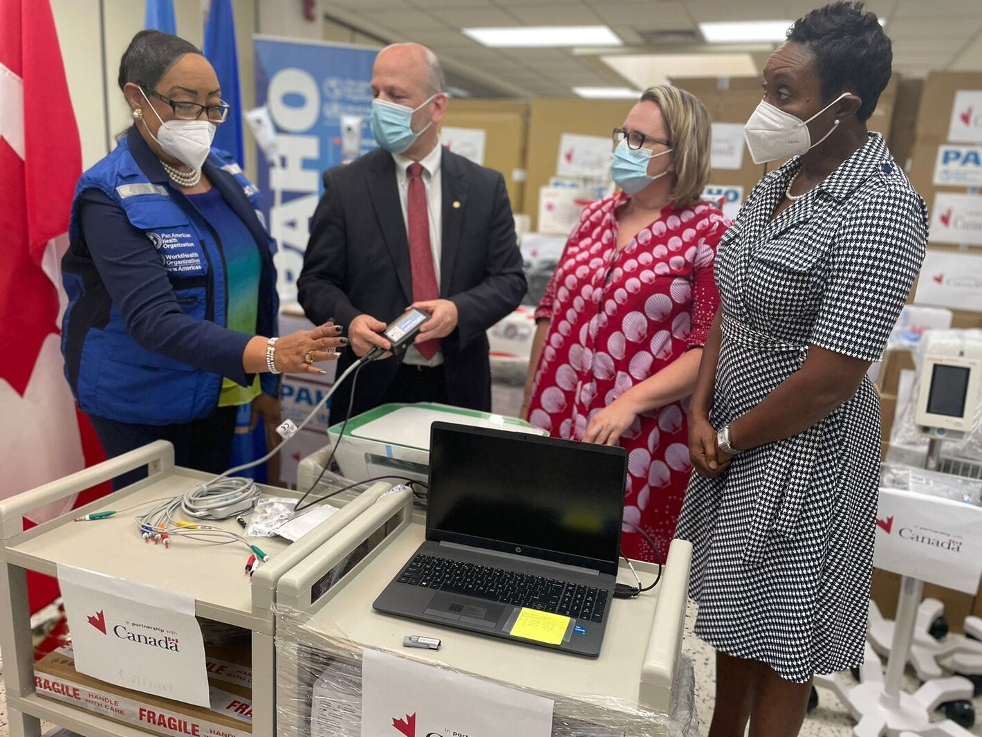 (L-R) Dr Bullock DuCasse, PAHO Adviser, Health Emergencies; Ian Stein, PAHO/WHO Representative in Jamaica, Bermuda and the Cayman Islands; High Commissioner Emina Tudakovic, High Commissioner of Canada to Jamaica and Honourable Juliet Cuthbert-Flynn, State Minister in the Ministry of Health and Wellness at the Caribbean Disaster Risk Management Program – Health Sector Project handover ceremony earlier today at the PAHO/WHO Jamaica Country Office. 