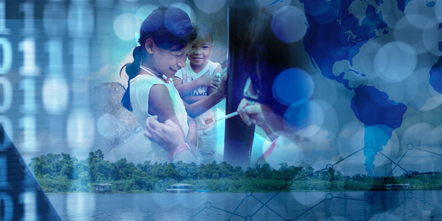 mapa de las Américas y una niña recibiendo una vacuna