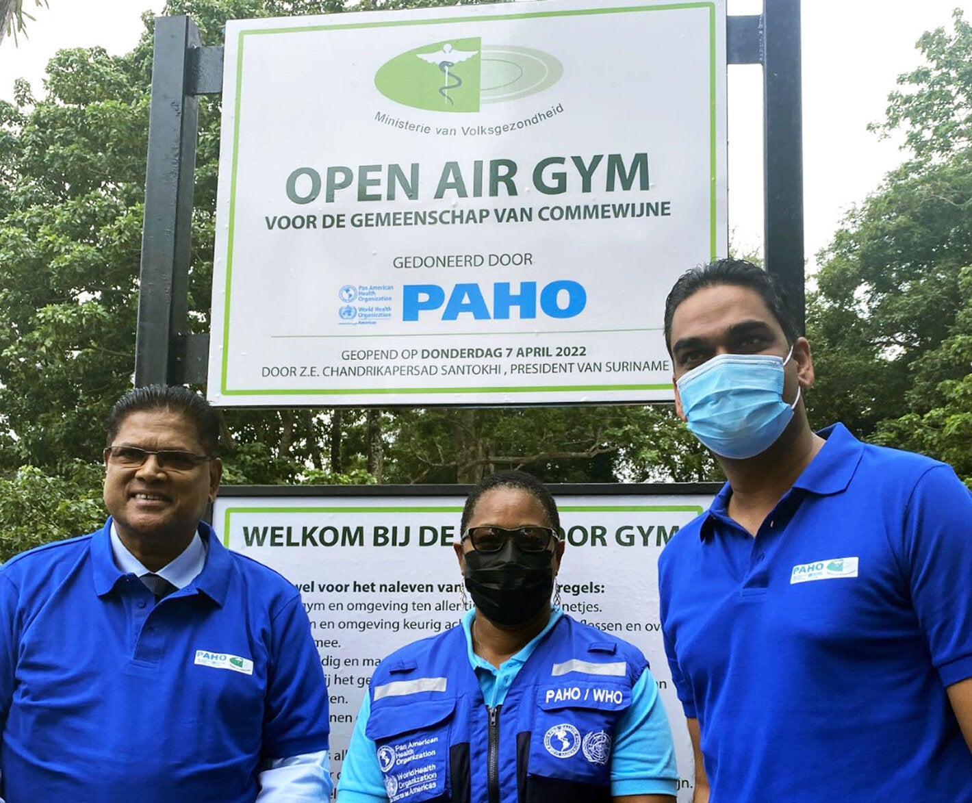 President Chan Santokhi, PAHO/WHO Representative Dr. Lewis-Bell & Minister of Health Amar Ramadhin