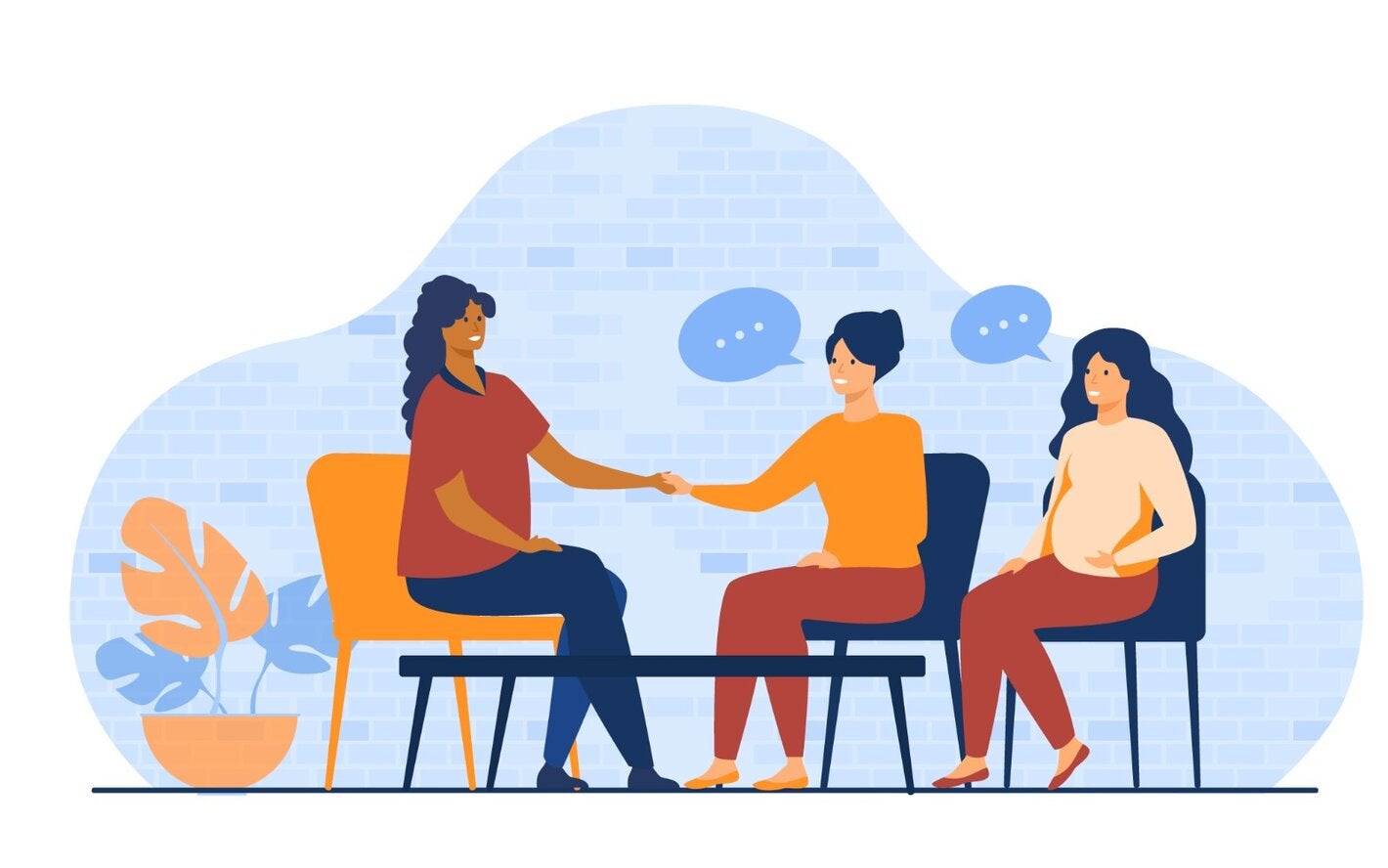 Ilustracion de tres mujeres hablando, sentadas sobre unas butacs
