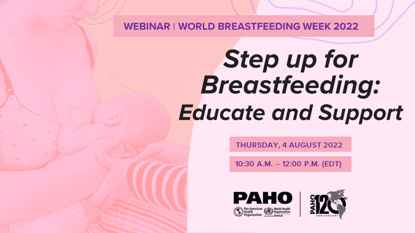 Card in pink tones with the image of a breasfeeding mother with her baby, being supported by another person. On the right, the title and date of the webinar for World Breastfeeding Week 2022