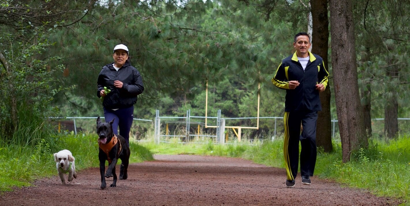 Una pareja de mediana edad corriendo por un bosque acompañados por dos perros