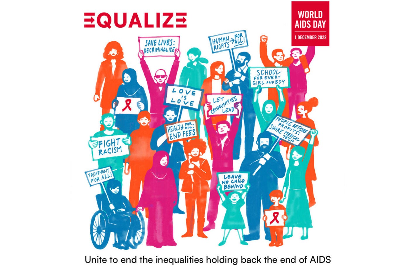 Diverse people with signs: unite to end inequalities