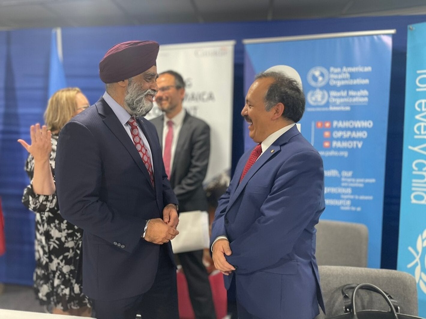 The Honourable Harjit Sajjan, Canada’s Minister of International Development, was deep in conversation with Dr. Ciro Ugarte, Director of Health Emergencies at PAHO, at the CanGIVE launch held earlier in  International Seabed Authority Media Room in Kingston.