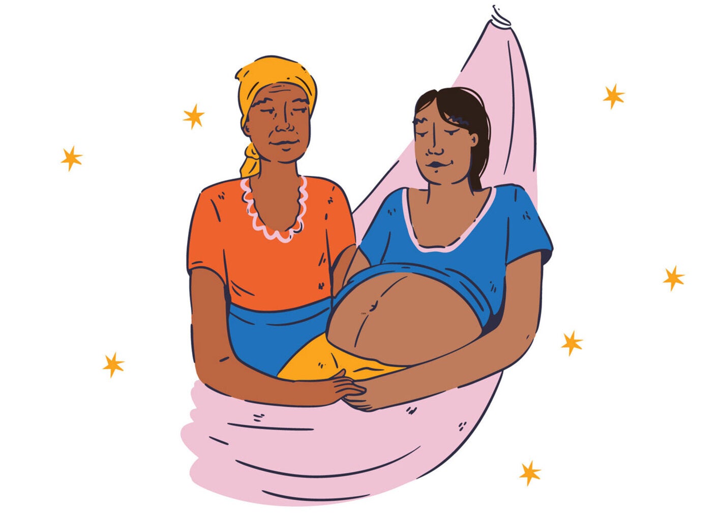 Mulher grávida recostada. Ao lado outra mulher acompanhando