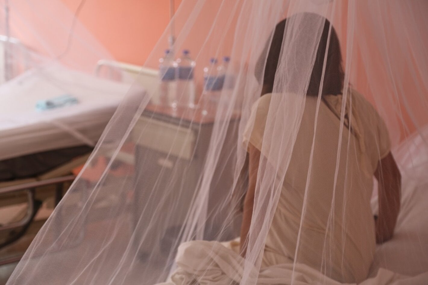 Chica sentada en una cama, de espaldas