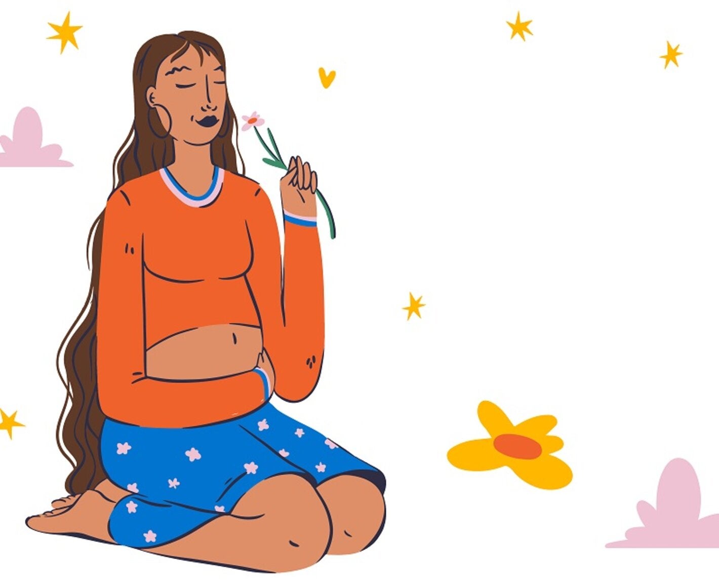 ilustración de mujer embarazada sosteniendo flor y tocándose la panza