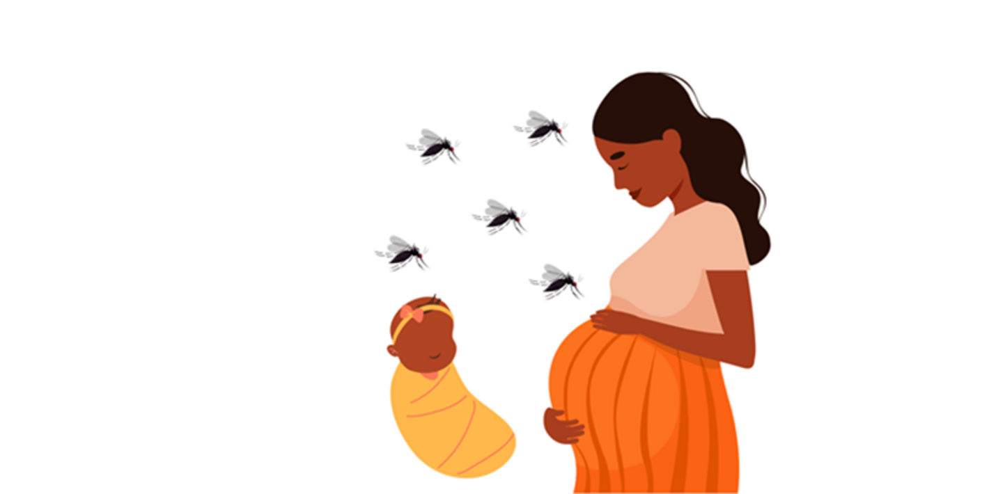 illustration of woman, baby  and mosquitos