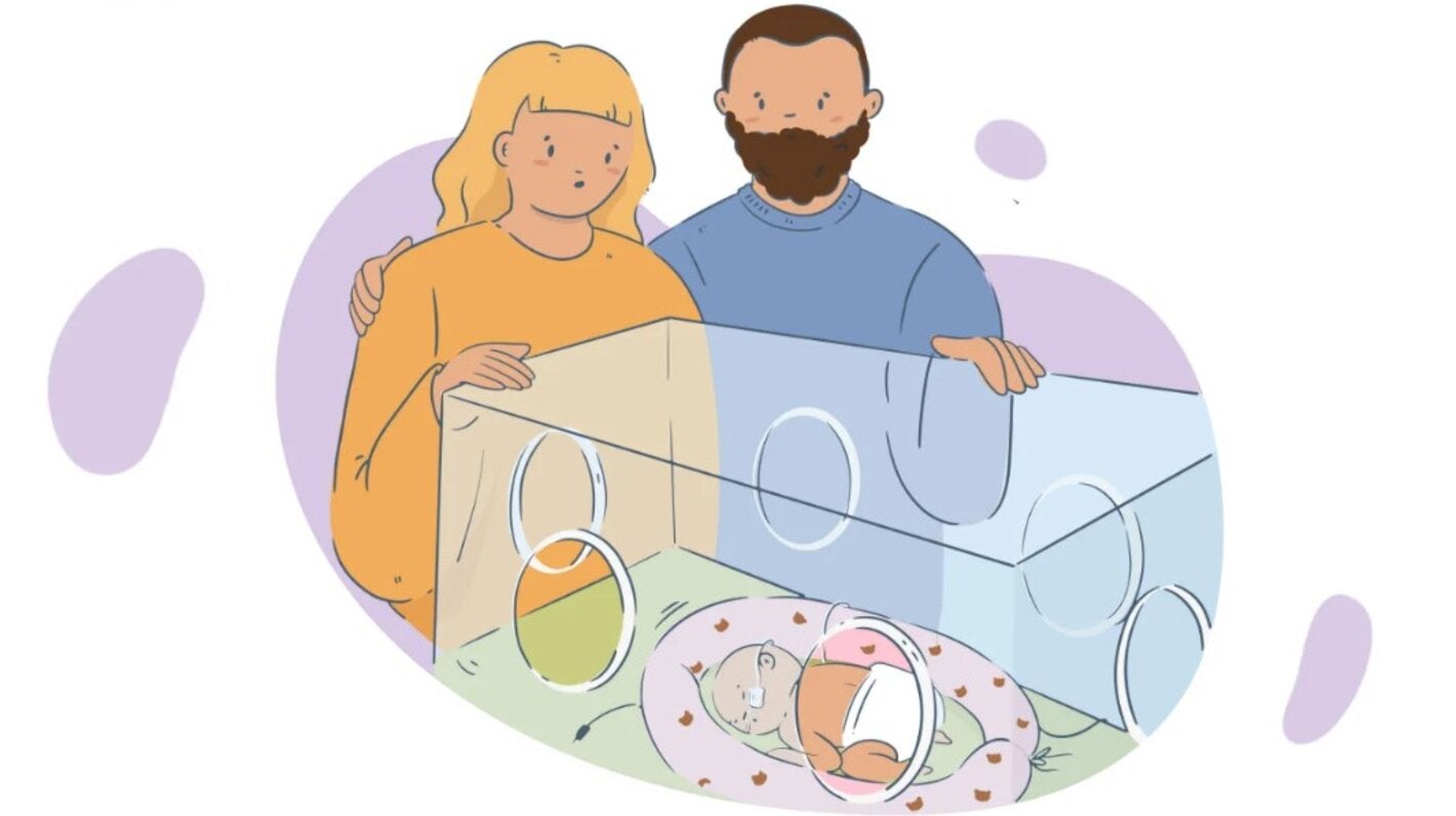 ilustración de madre y padre junto a incubadora con bebé prematuro