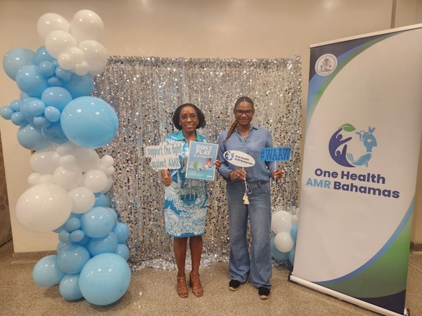 Celebrating World AMR! Dr. Eldonna Boisson, PAHO/WHO Country Representative for The Bahamas and Turks and Caicos Islands, and Dr. Jessica Edwards, AMR Focal Point, Ministry of Health and Wellness pose for a photo during a community outreach