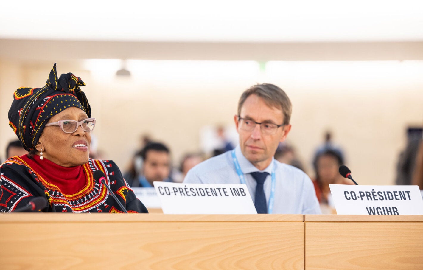 Intergovernmental Negotiating Body (INB) Co-Chair Precious Matsoso of South Africa (left); Working Group on Amendments to the International Health Regulations (2005) (WGIHR) Co-Chair Dr Ashley Bloomfield of New Zealand.