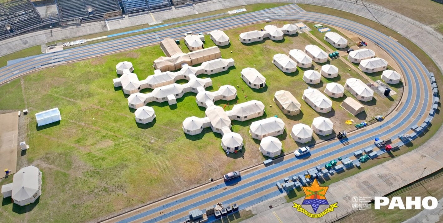 Aerial view of mobile field hospital setup in Barbados
