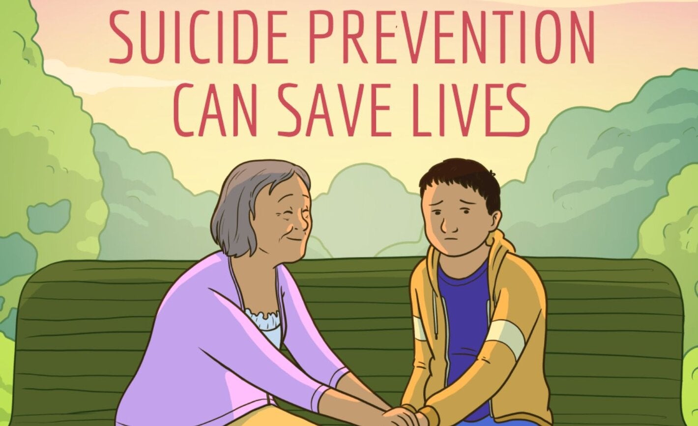illustration older woman holding adolescent's hands on a green bench outdoors with title suicide prevention can save lives