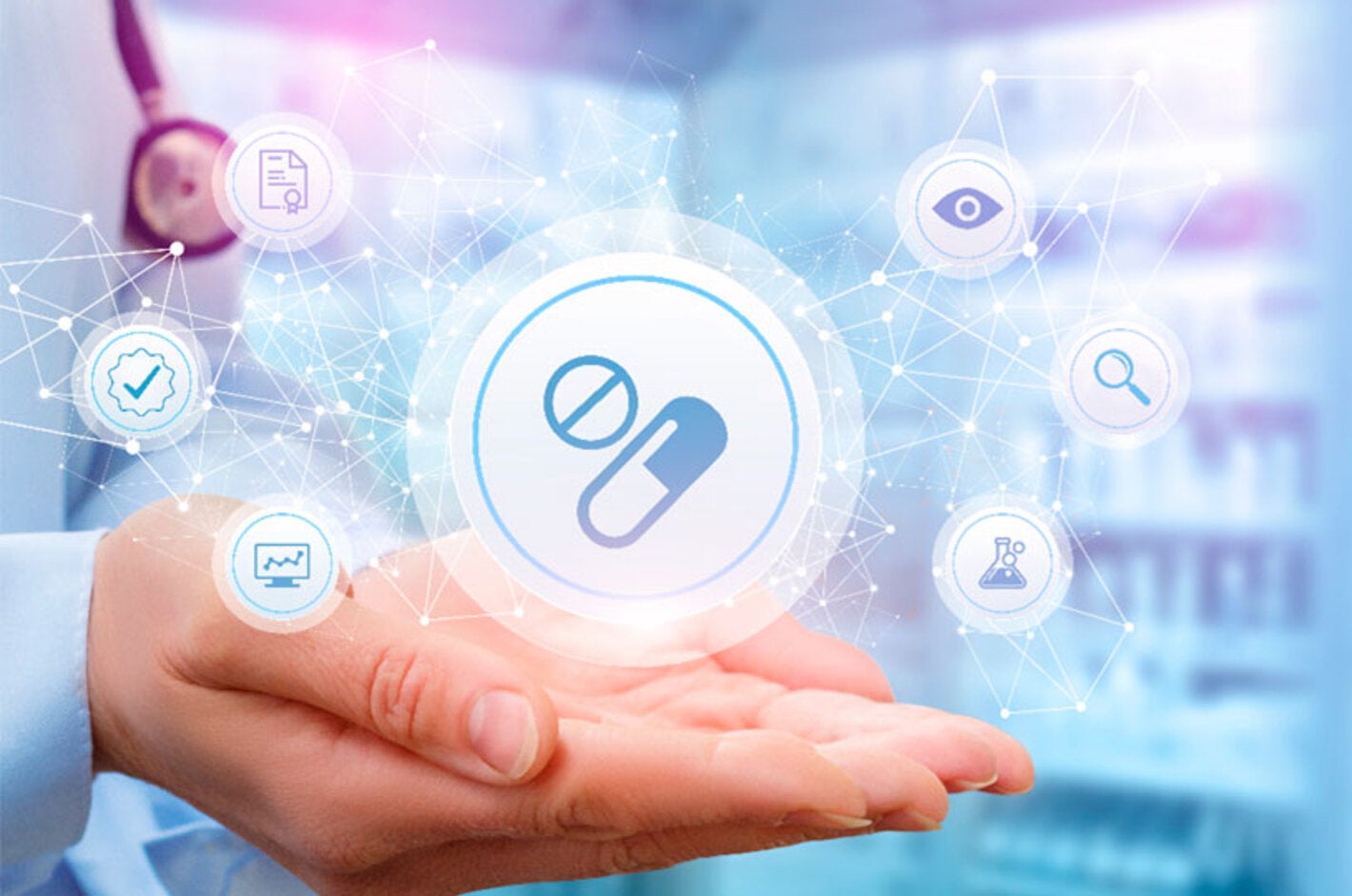 Mano con pastillas y otros dispositivos médicos flotando