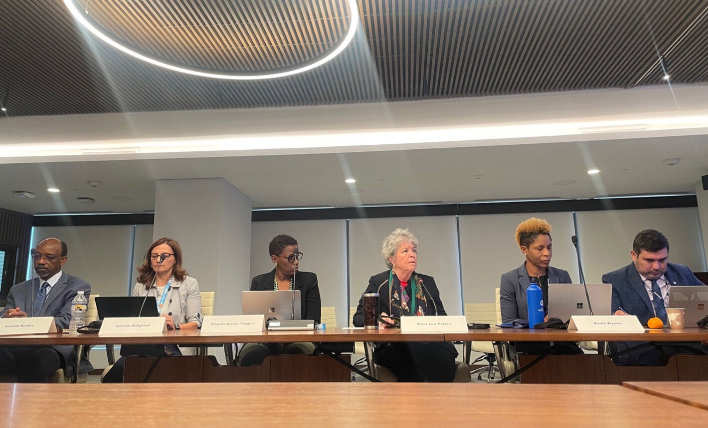 Group of PAHO staff and stakeholders seated around a table in a meeting toom in Washington DC