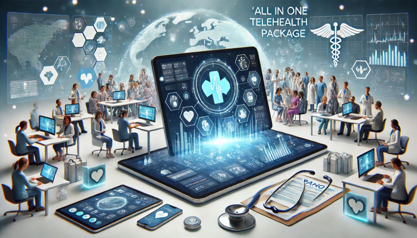 Computer screens with cross in the center and icons associated with health around. Physicians and nurses interact with computers.