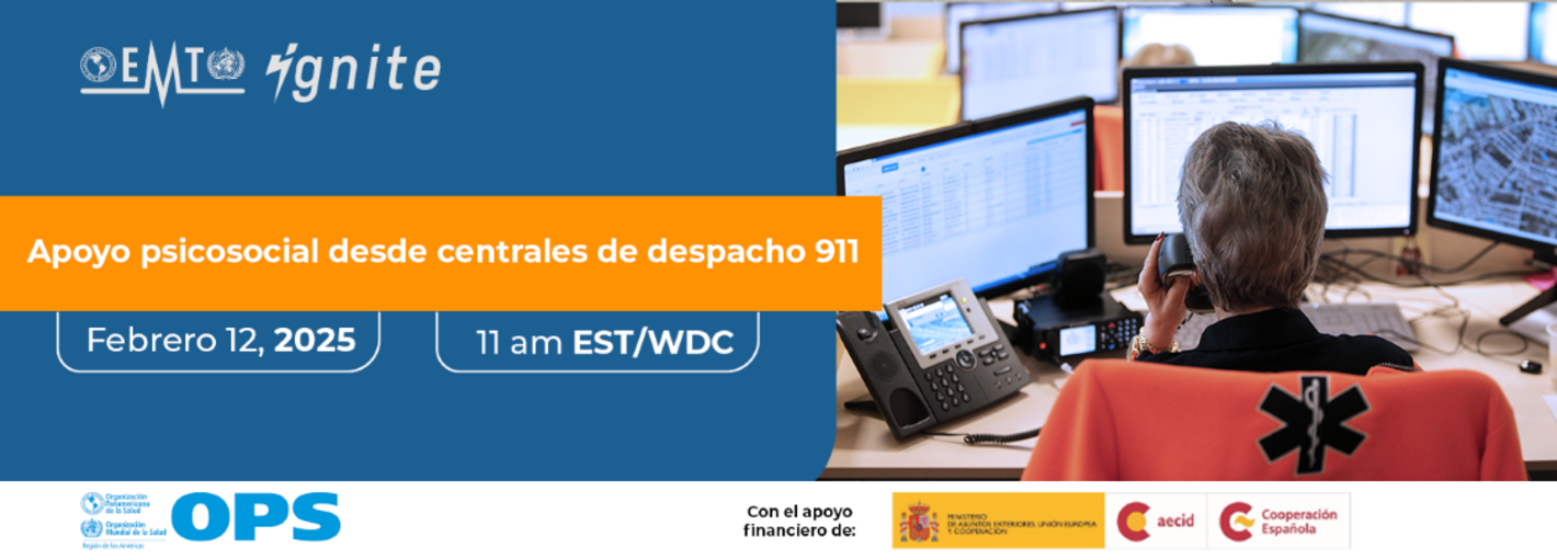 persona frente a monitores de computadora. logo EMT Ignite