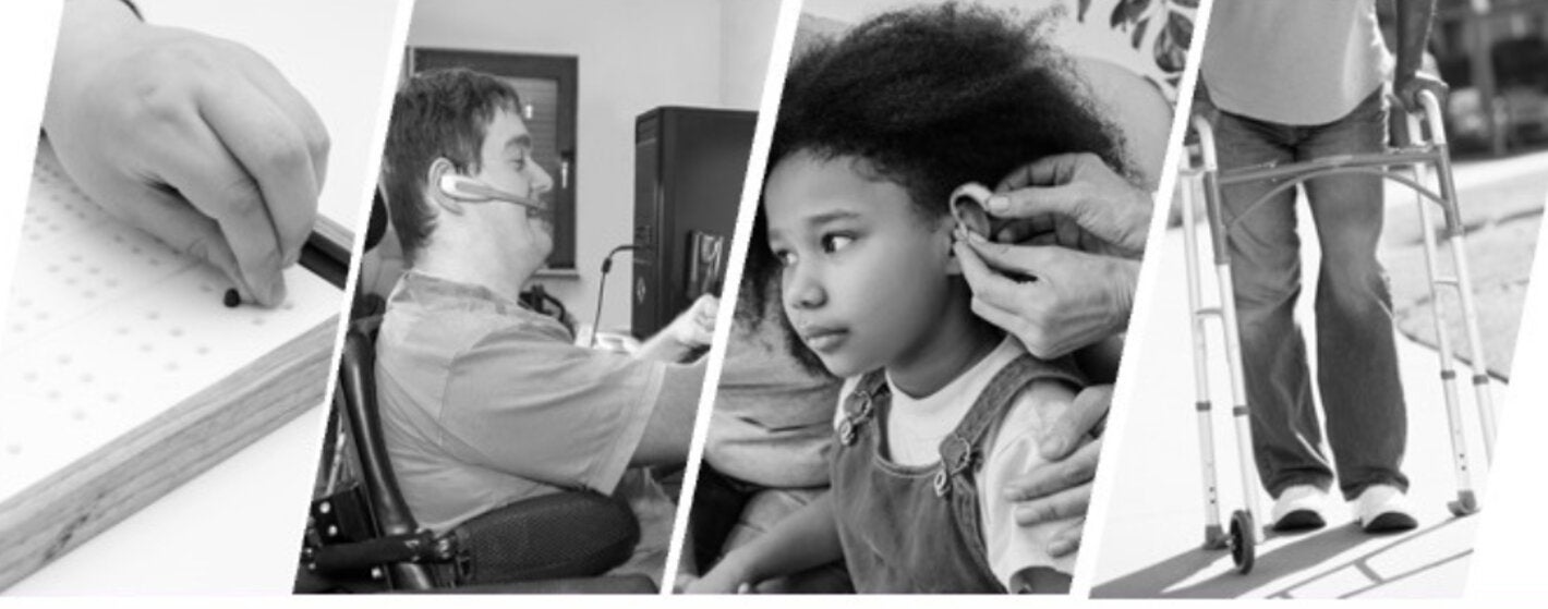 Course card saying "Introduction Course to Assistive Technology in the Americas" in blue letter and an image showing a collage with photos of users of assistive technology: a low vision aid product, a person using speech recognition software for computer access, an specialist fitting a hearing aid to a girl, and a man using a walker. At the bottom logos of PAHO and Virtual Campus of Public Health.