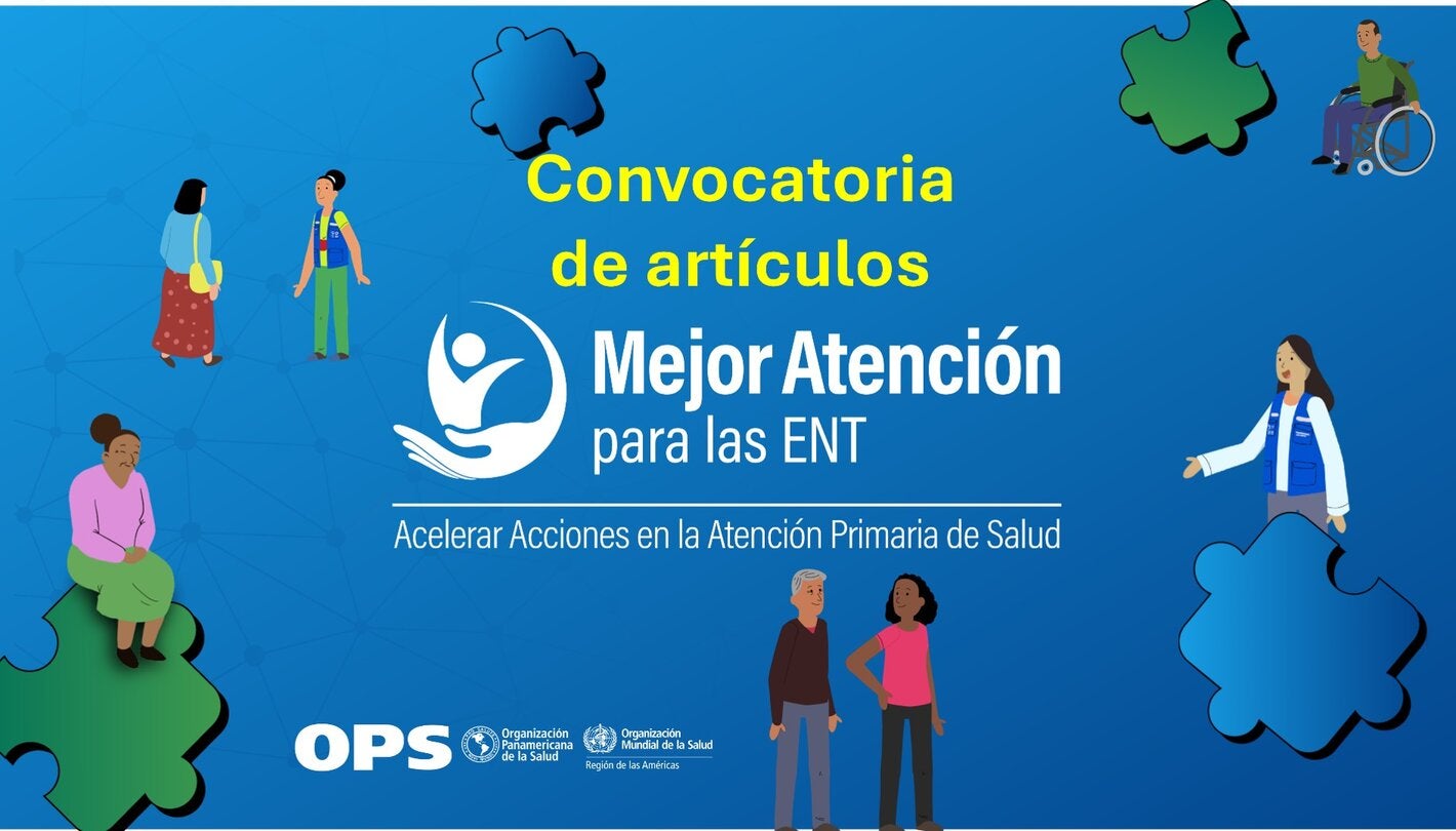 Ilustración que representa unas figuras humanas alrededor del cartel "Convocatoria de Artículos", y el logo de Mejor atención para las ENT"