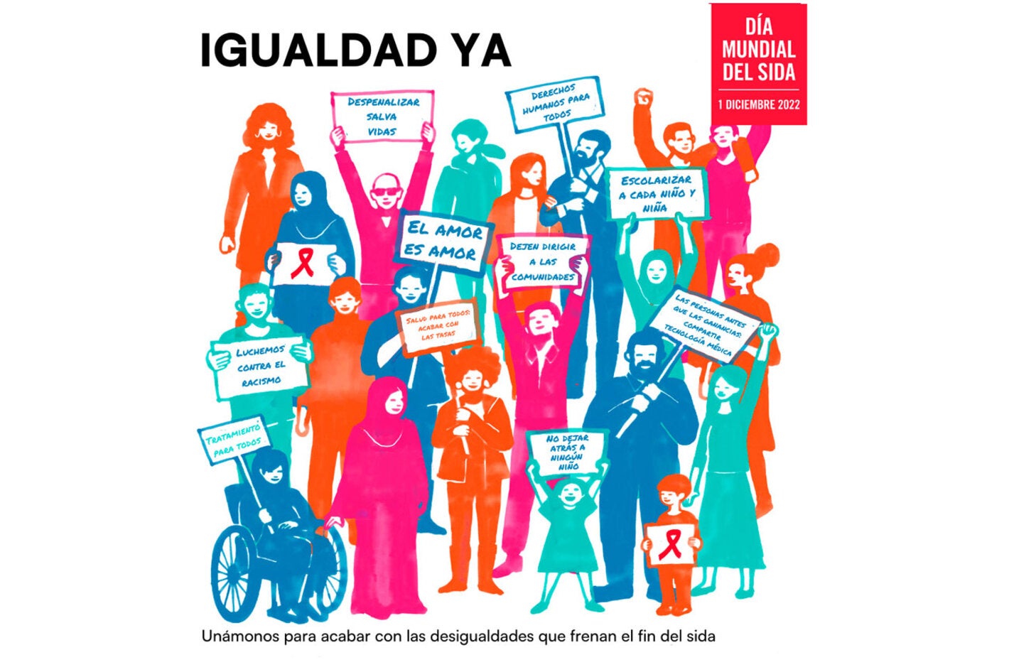 Grupo diverso con r'otulos: Un'amonos para acabar la desigualdad.