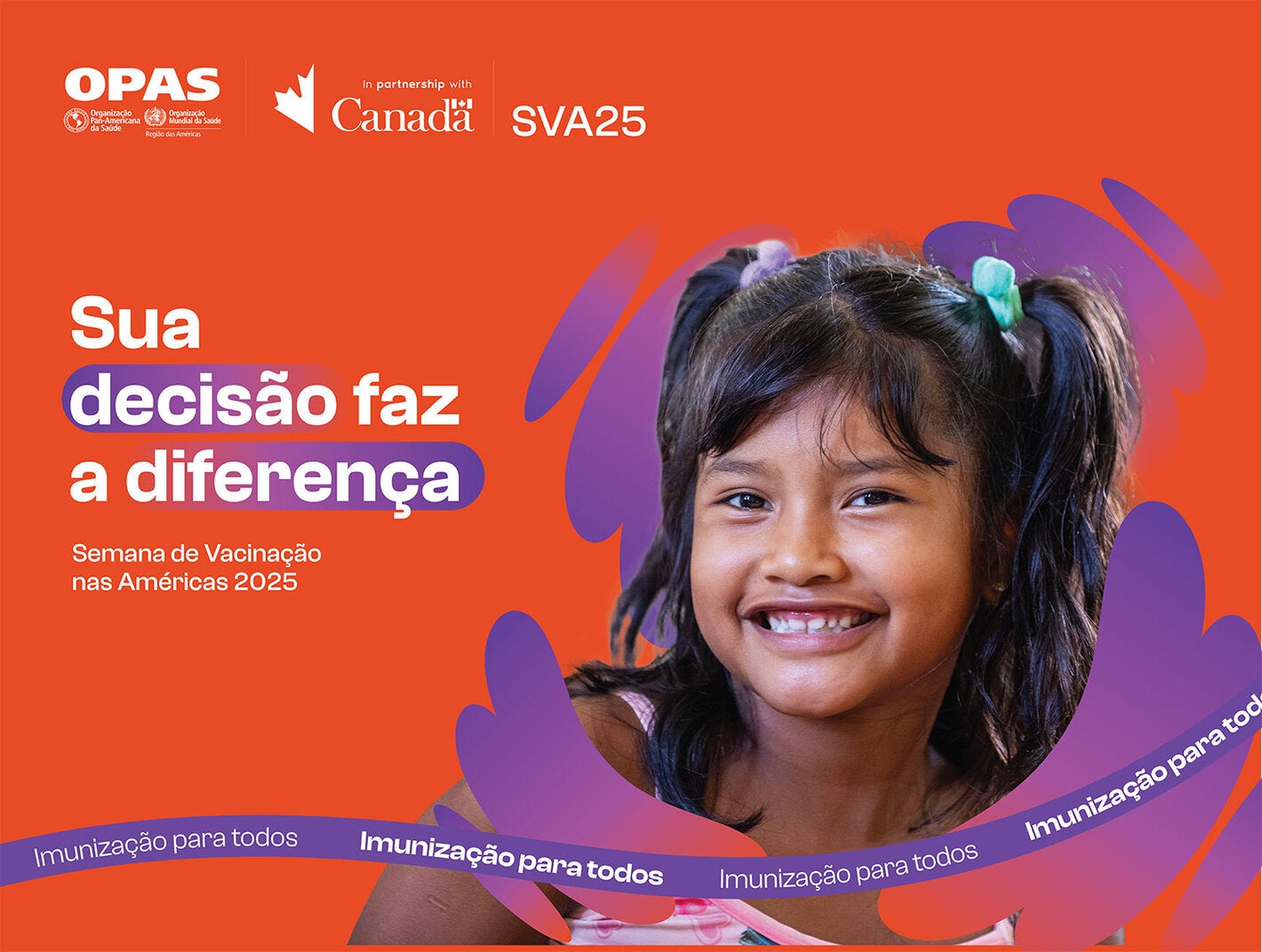 Banner da campanha com fundo laranja e a foto de uma criança, com detalhes roxos, e as frases "Sua decisão faz a diferença" e "Imunização para todos"