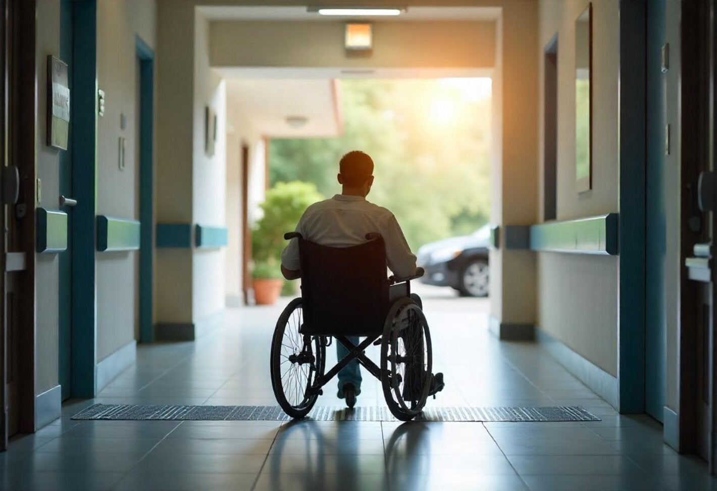 person with disability in a wheelchair, at a hospital entrance