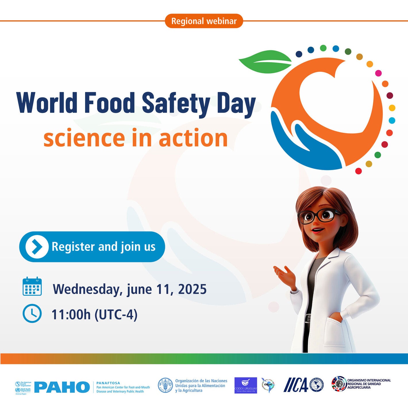 An illustration of a planet with an apple and a hand holding it, accompanied by the figure of a scientist, symbolizing World Food Safety Day.