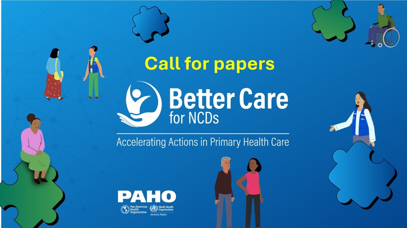 Illustration depicting human figures around the "Call for Papers" poster and the "Better Care for NCDs" logo.