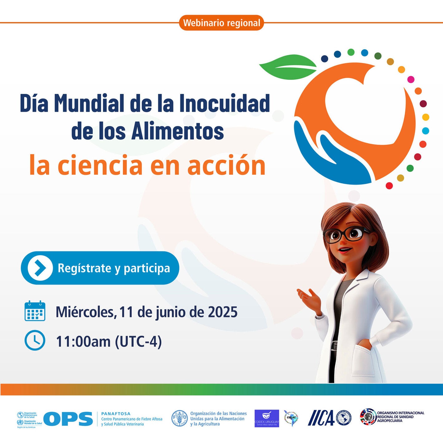 Mundo con manzana, una mano abrazando y la figura de una científica para representar el día mundial de la inocuidad de los alimentos: la ciencia en acción