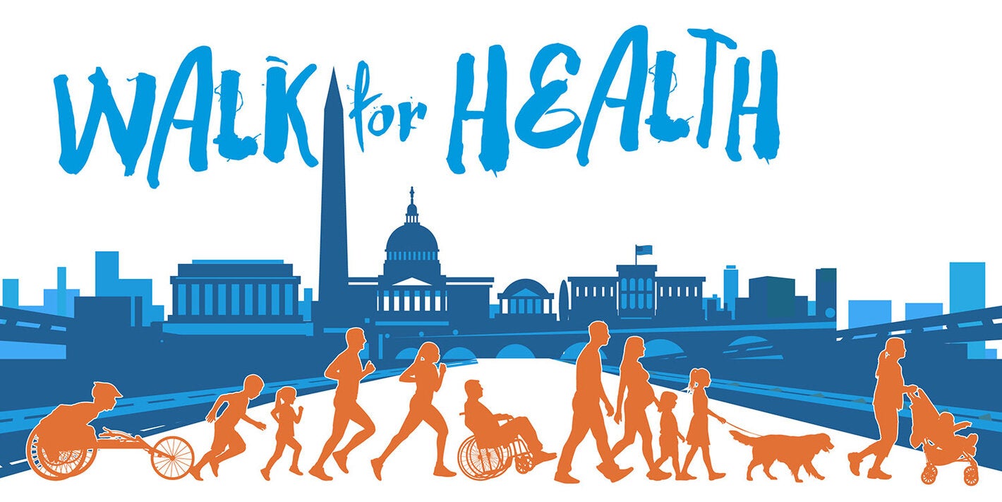 Walk for Health banner. People of all ages walking