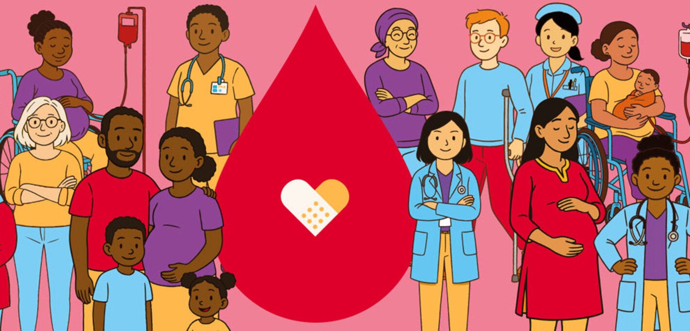 Banner con ilustraciones de personas de diferentes edades y razas que se benefician de las donaciones de sangre.