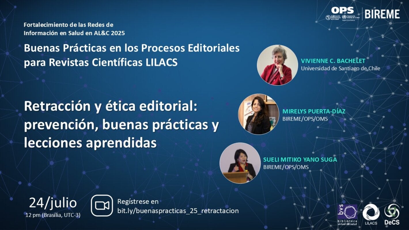 Flyer del seminario web 'Retracción y ética editorial', 24 de julio, inscríbase en bit.ly/buenaspracticas_25_retractacion.