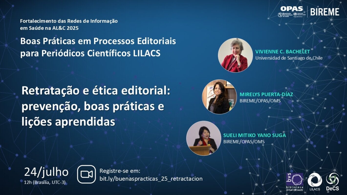 Folheto para o webinar ‘ Retratação e ética editorial’, 24 de julho, registre-se em bit.ly/buenaspracticas_25_retractacion.