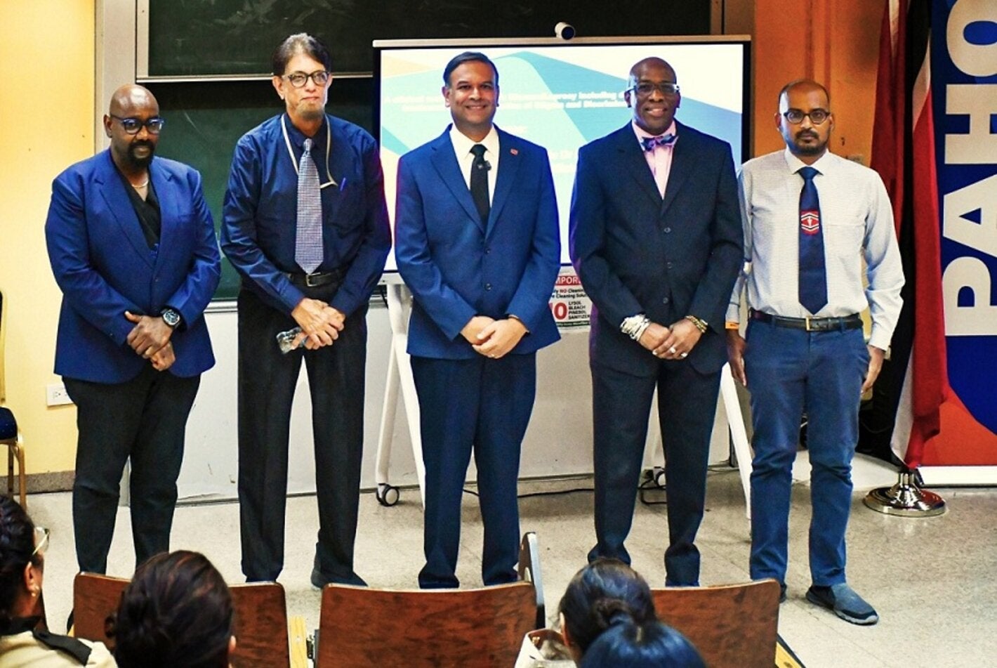 (L-R) Mr. Davlin Thomas – CEO of the NCRHA, Dr. Mushtaq Ali Saiyed - Director of the Hansen’s Disease Control Unit, MOH, The Honourable Dr. Rishad Seecheran - Minister in the Ministry of Health, Dr Stephen Nurse-Findlay - Advisor, Communicable Disease Control and Elimination, PAHO/WHO Trinidad and Tobago Country Office, Dr Kevin Khan-Kernahan - Chair IT Committee, Trinidad & Tobago Medical Association at the Hansen’s Disease Continuing Medical Education seminar series – North Central.