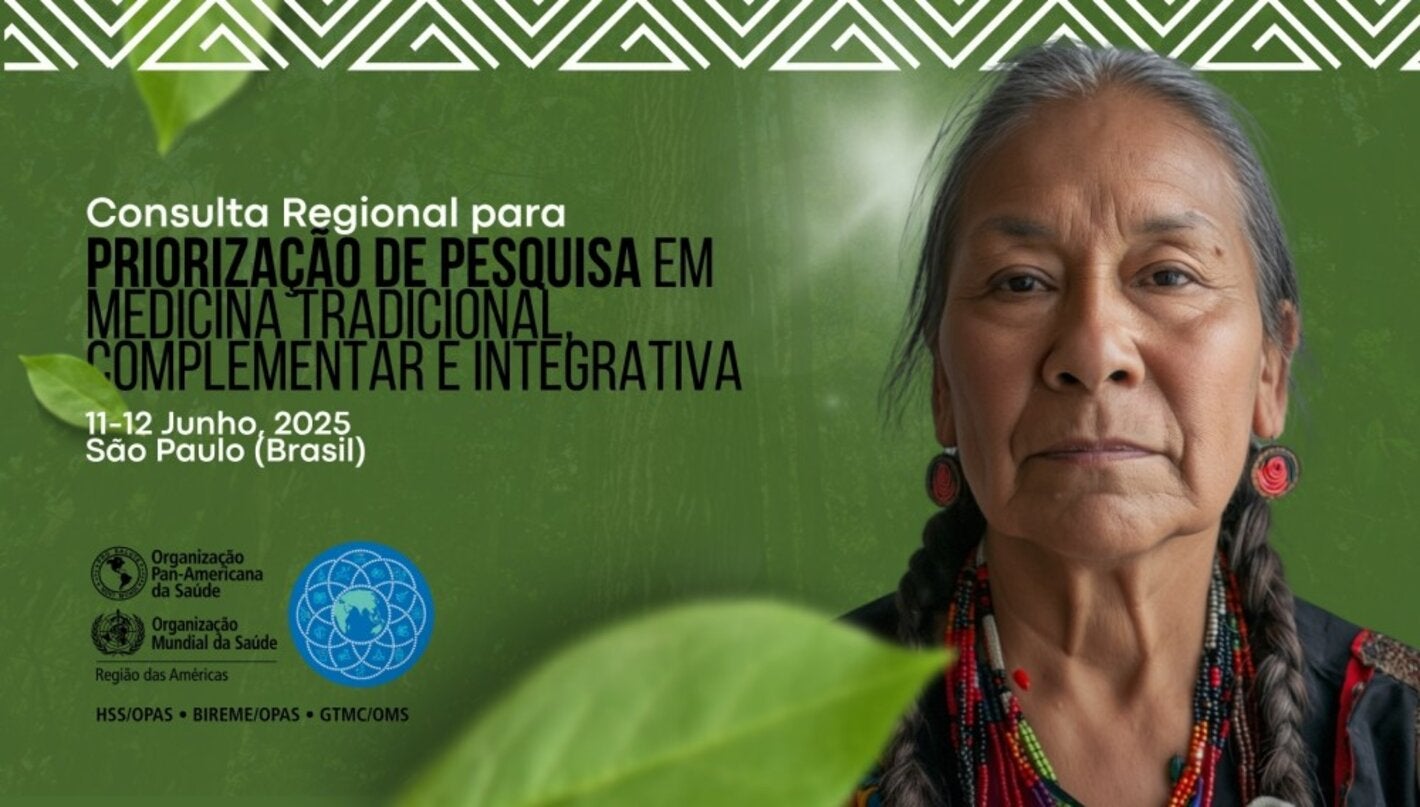 Banner verde com elementos geométricos brancos, logotipos institucionais (OPAS/OMS), texto informativo sobre a Consulta Regional para Priorização de Pesquisa em Medicina Tradicional, Complementar e Integrativa, e retrato de uma mulher indígena com adornos tradicionais. São Paulo, Brasil, 11-12 junho 2025.