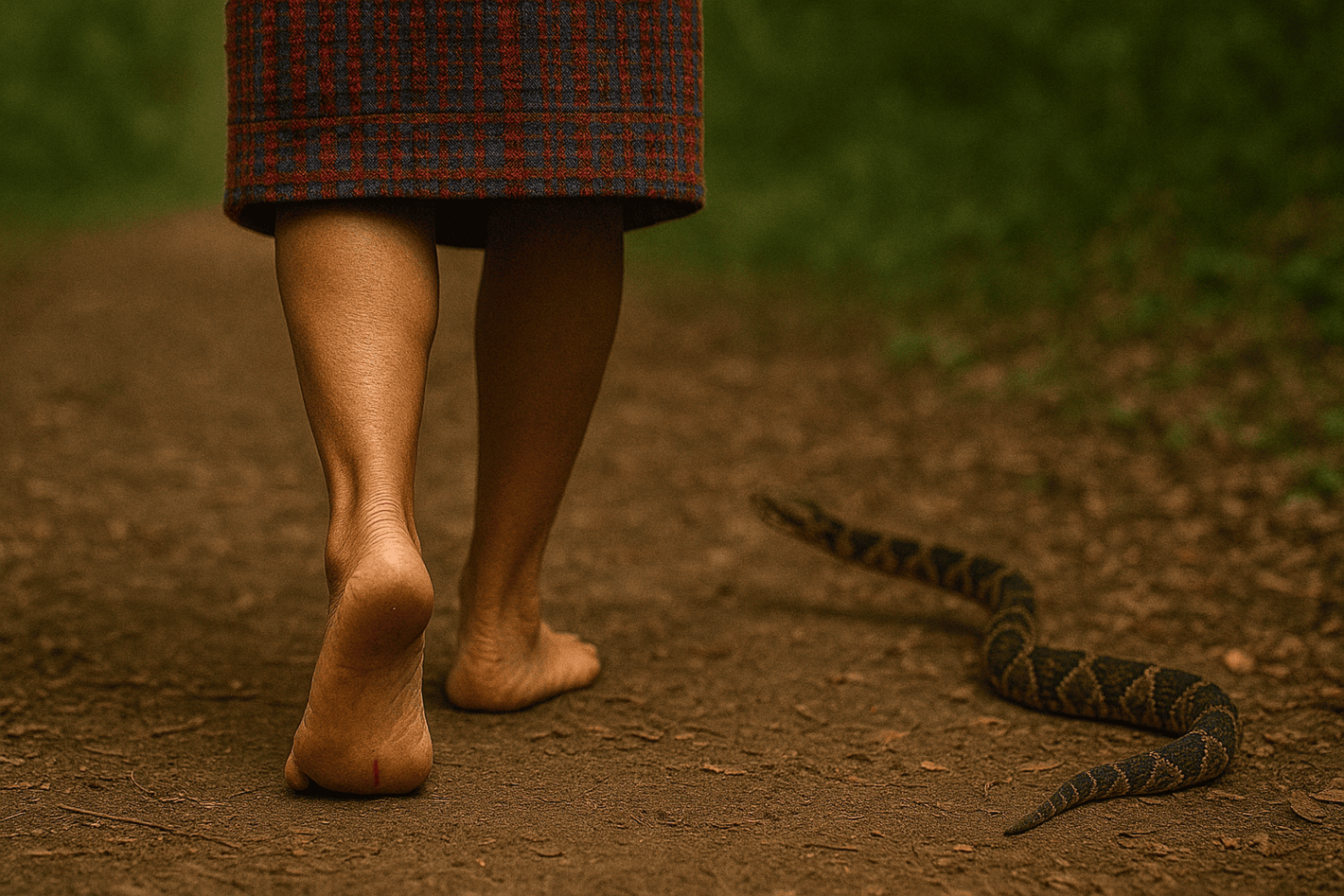persona caminando y serpiente queriendo atacarla