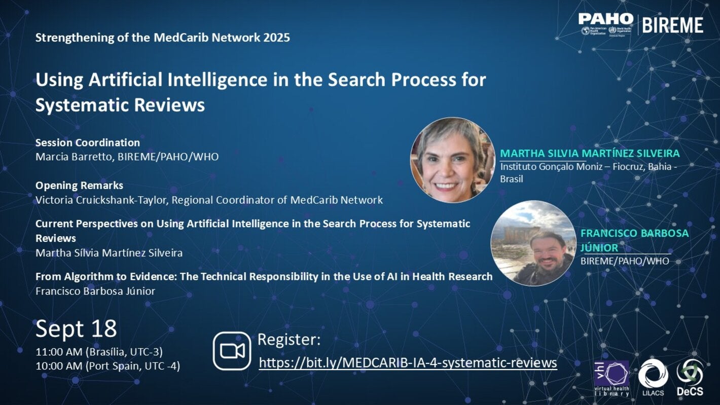 Flyer do webinário MedCarib Network 2025 sobre o uso de Inteligência Artificial em revisões sistemáticas, com Martha Sílvia Martínez Silveira e Francisco Barbosa Júnior, em 18 de setembro. Registro em: https://bit.ly/MEDCARIB-IA-4-systematic-reviews.