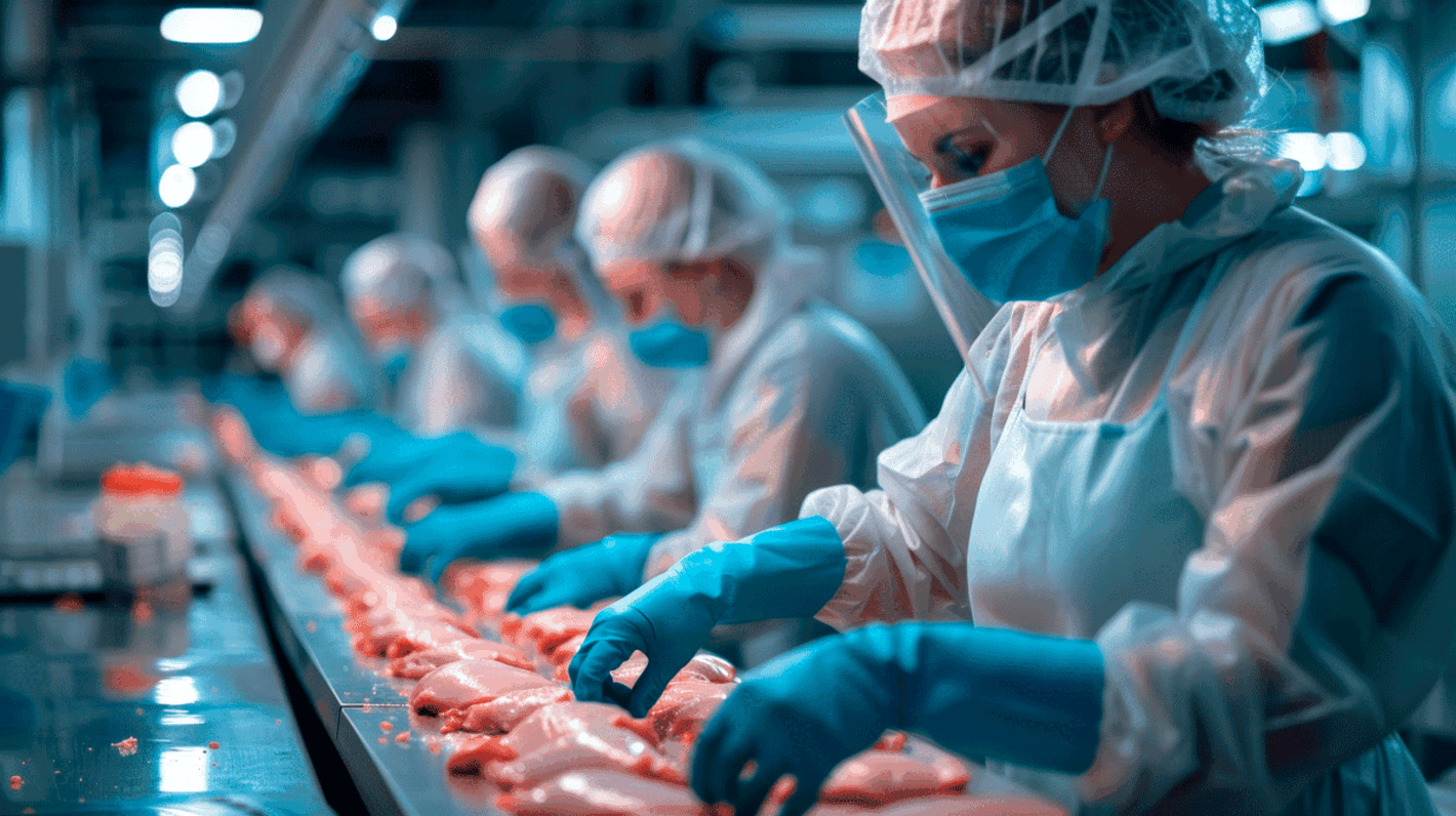 Mujeres con guantes, mascarilla y material de protección analizando pollo