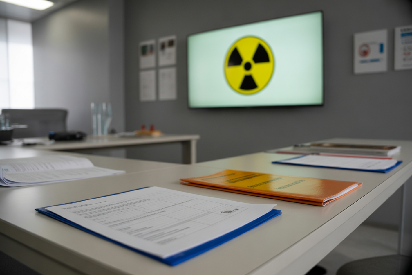 A natural, professional photo showing a modern virtual training focused on capacity building and safety in radiation emergency preparedness. The scene includes a wall screen IN FRONT displaying safety symbols. Documents, manuals, are neatly arranged on a clean table. No people are visible. The atmosphere is calm, organized, and realistic, with neutral lighting and a documentary-style composition. 