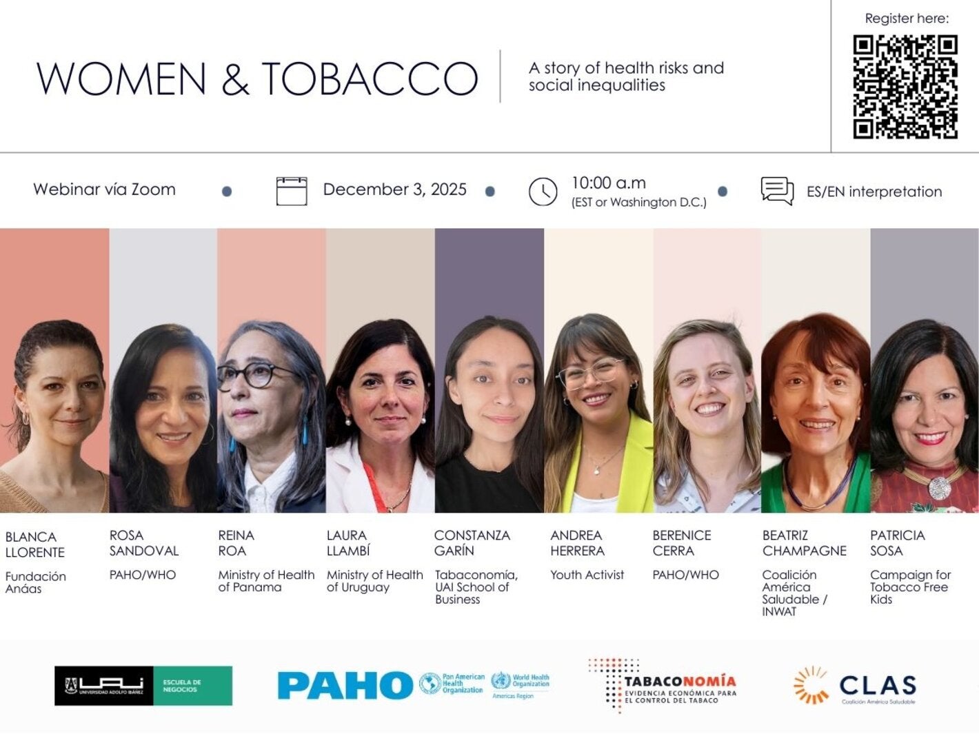 Webinar banner: “Women & Tobacco” on Dec 3, 2025, via Zoom; event details, speaker names, and partner logos shown.