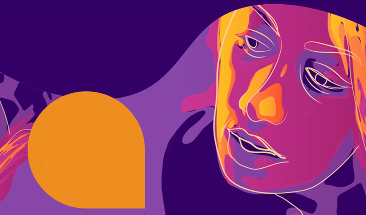 Cara de mujer en colores fuertes: naranja, morado y lila