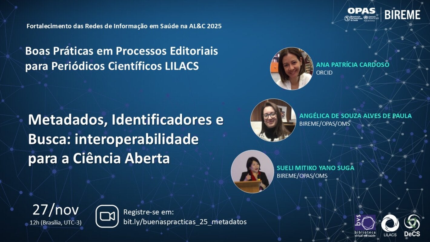 Flyer do webinar “Boas Práticas nos Processos Editoriais LILACS: Metadados, Identificadores e Pesquisa para a Ciência Aberta”, com fotos de Ana Patrícia Cardoso, Angélica de Souza Alves de Paula e Sueli Mitiko Yano Suga. Evento no dia 27 de novembro, às 12h (UTC-3), com link para inscrição.