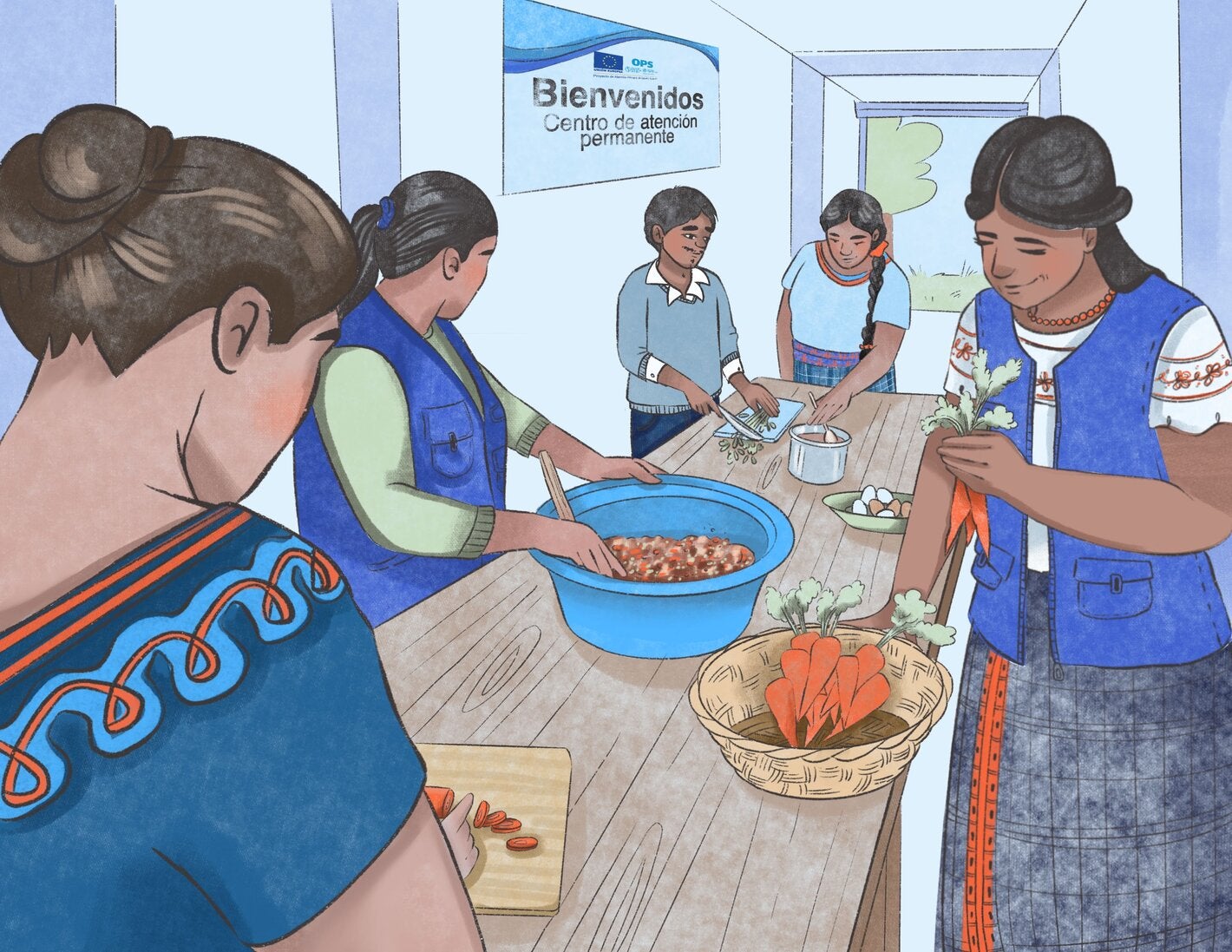 Mujeres y un hombre rurales preparan alimentos guiadas por una enfermera