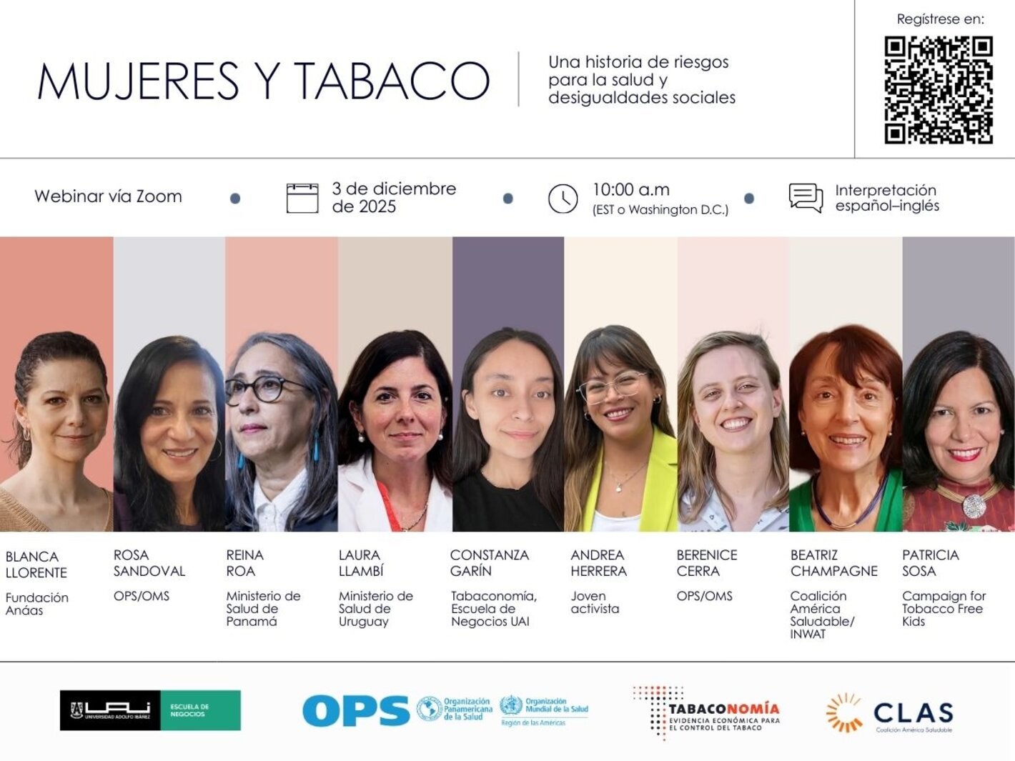 Banner del webinar “Mujeres y Tabaco”, 3 dic 2025 por Zoom; detalles del evento, nombres y logos.