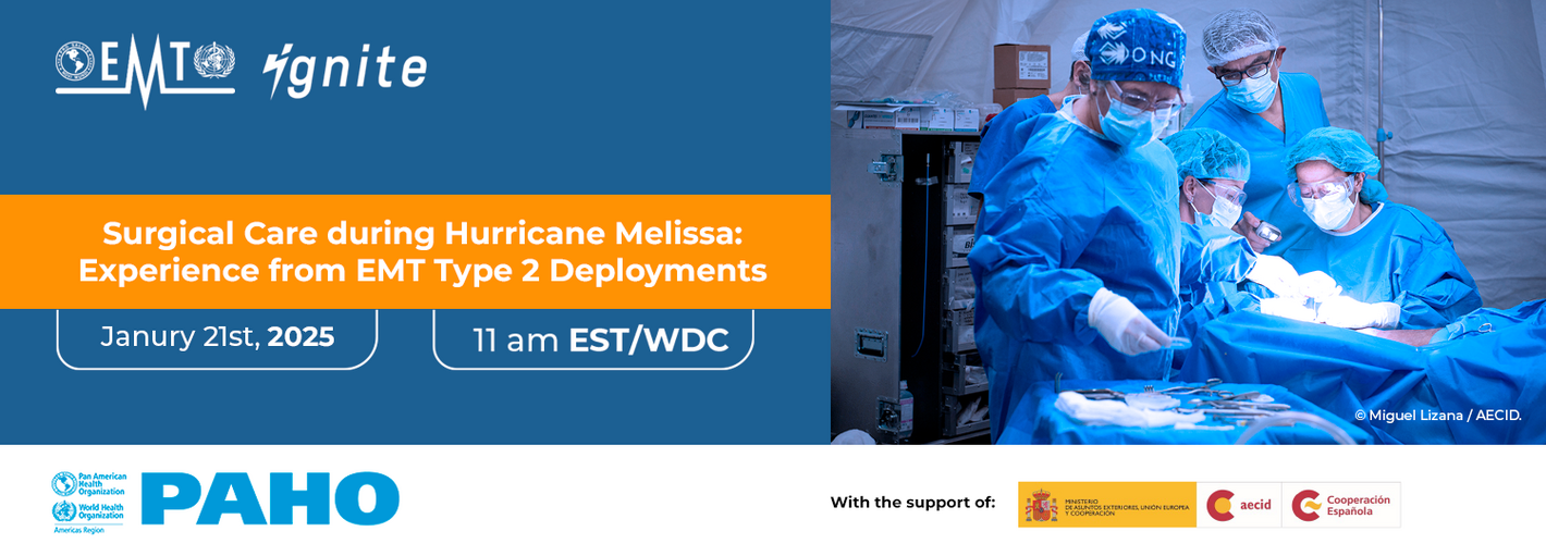 Surgical Care during Hurricane Melissa: Experience from EMT Type 2 Deployments. Image: Two female surgeons and one male surgeon perform an operation in a surgical room.