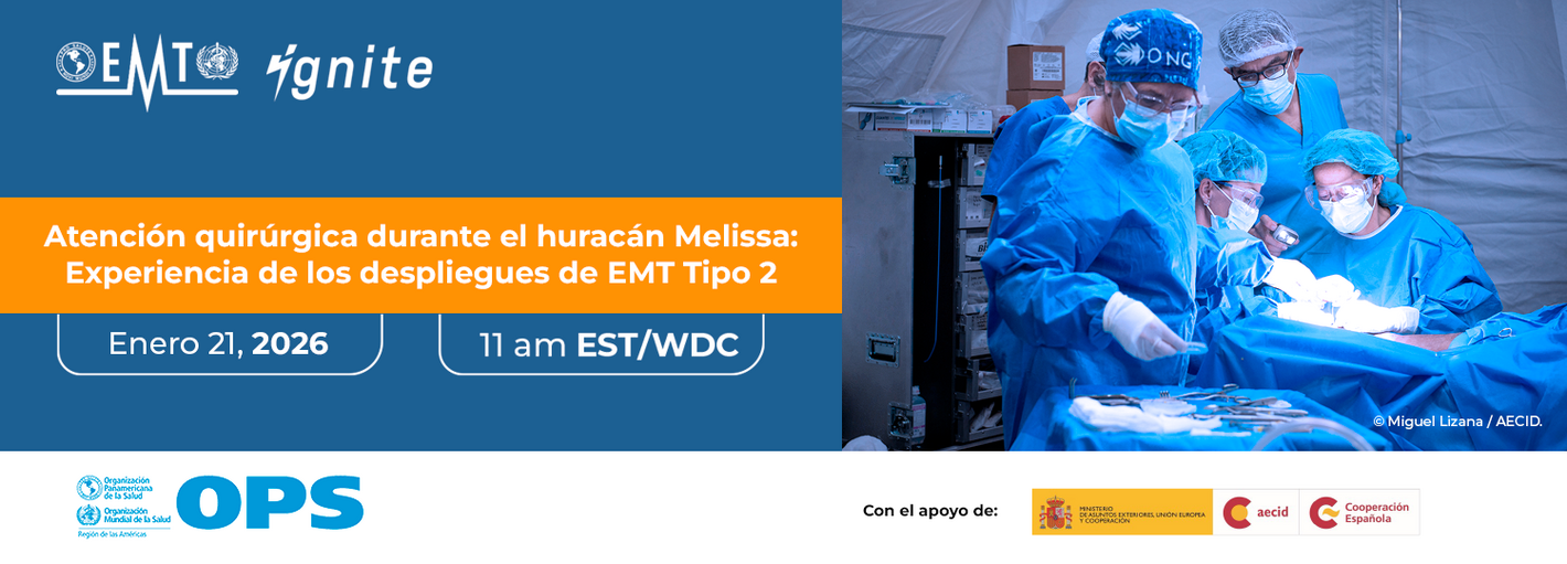 Atención quirúrgica durante el huracán Melissa: Experiencia de los despliegues de EMT Tipo 2. Imagen: dos cirujanas y un cirujano realizan una operación en una sala quirúrgica."