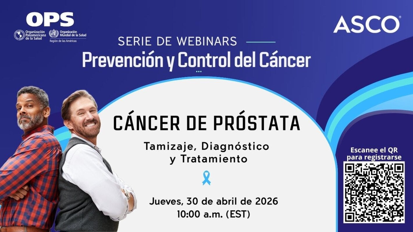Imagen de dos hombres de mediana edad de brazos cruzados, sonriendo, uno de ellos es afrodesdendiente y el otro caucásico. Al fondo, la información del webinar sobre Cáncer de próstata: tamizaje, diagnóstico y tratamiento que se realiza el 30 de abril