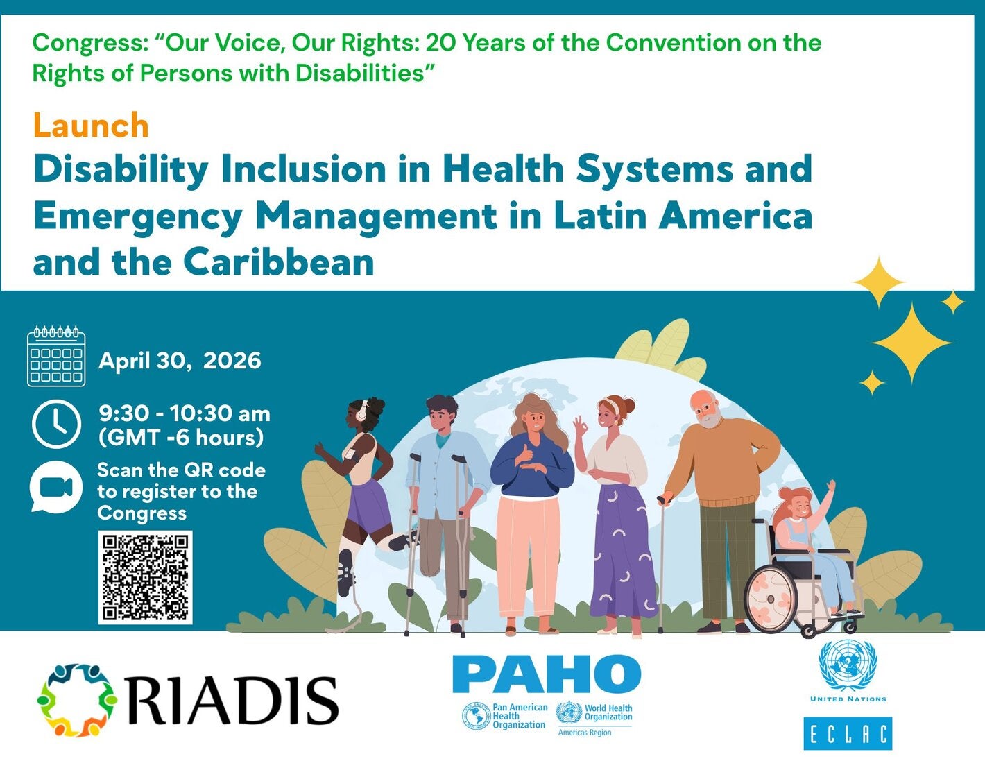 Event banner announcing the launch of the report “Disability Inclusion in Health Systems and Emergency Management in Latin America and the Caribbean,” with date, time, QR code, illustration of diverse persons with disabilities, and logos of RIADIS, PAHO, and ECLAC.