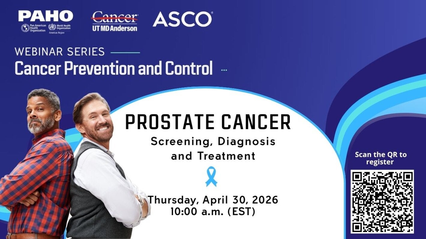 An image of two middle-aged men with their arms crossed and smiling; one is of African descent, and the other is Caucasian. In the background, information regarding a webinar on Prostate Cancer—covering screening, diagnosis, and treatment—scheduled for April 30th.